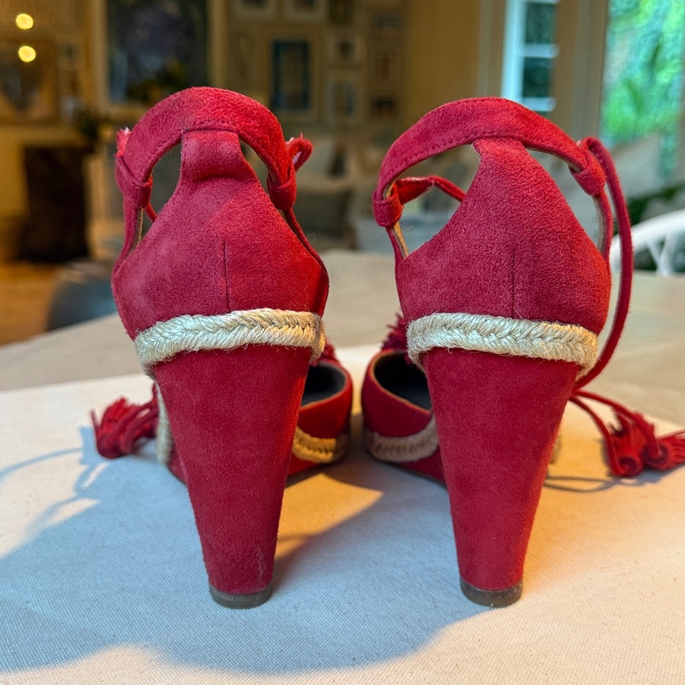 AQUAZZURA Sunshine Pompom Red Suede Wedge Sandal Espadrille US 7/7.5 / EU 37.5 - Picture 5 of 10